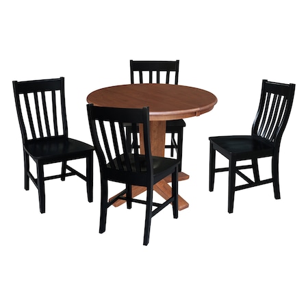 International Concepts 36 in. Solid Wood Round Extension Dining Table with 4 Chairs in Distressed Oak/Black K42-36RXT-23-C46-614